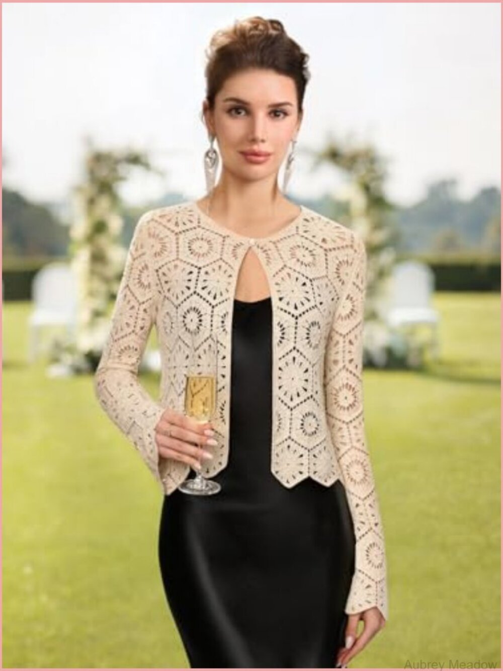 Women's Crochet Cardigan One-Button Cropped Hollow Out Knit Shrug - Picture 3 of 7
